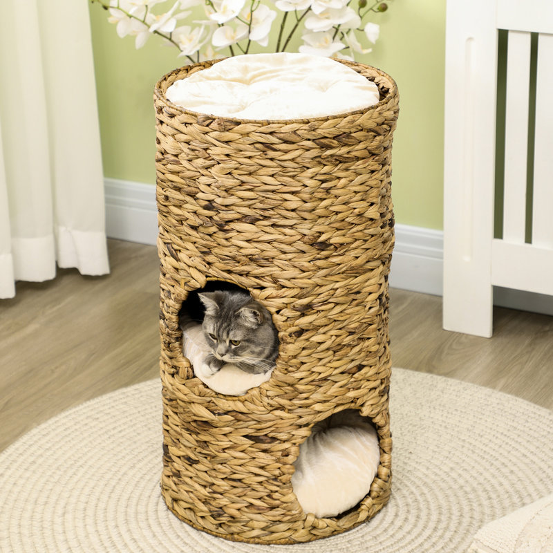 Lit pour chat surélevé multi-couches avec trois coussins secret et quatre coussins confortables - Tour chaton tissée à la main pour un repos reposant