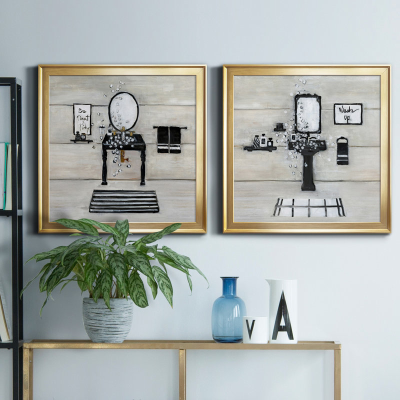 Neat and Tidy Bath - Ensemble de 2 peintures sur toile encadrées, H 26,5 po x l 53 po x P 1,5 po, Or
