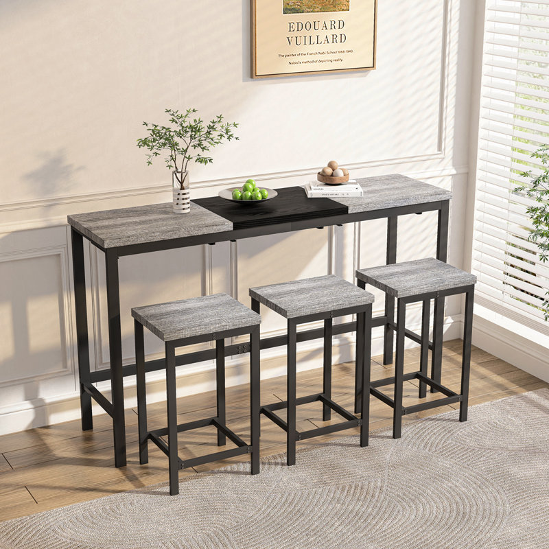 Table de salle à manger de cuisine moderne, table de pub, ensemble de table de salle à manger longue avec 3 tabourets, conception de tabouret suspendu pratique, gris et noir