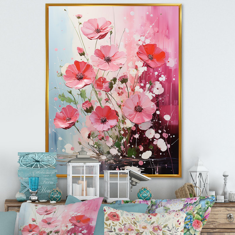 Fuchsia rose et pétales printaniers - Fuschia, Cadre flottant doré, H 20 po x l 12 po