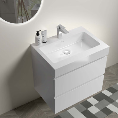 Meuble-lavabo de salle de bain avec lavabo, grand meuble-lavabo flottant mural pour salle de bain moderne, lavabo une pièce sans drain ni robinet, pré-assemblé