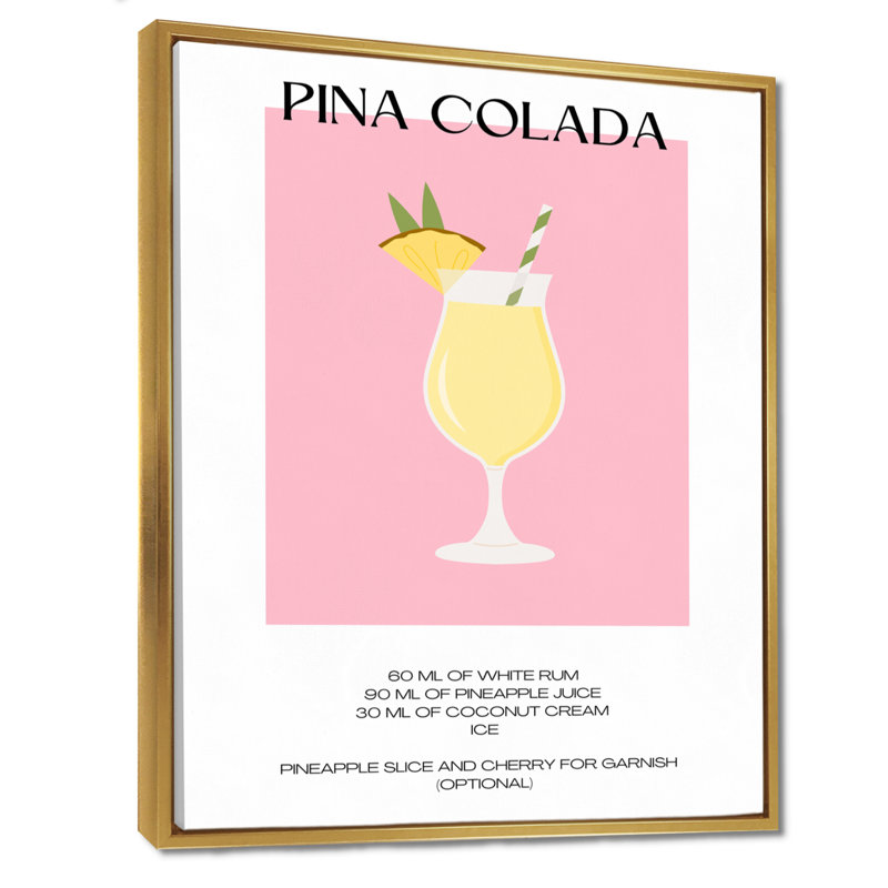 Pina Colada Cocktail Party - Décoration murale cocktails, H 32 po x l 24 po, Cadre flottant doré