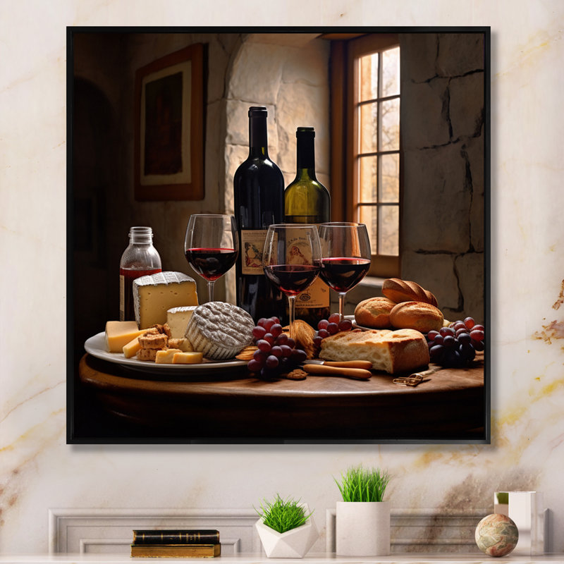 «Cheese and Wine I - Wine», art mural champagne, Cadre flottant noir, H 36 po x l 36 po x P 1,5 po