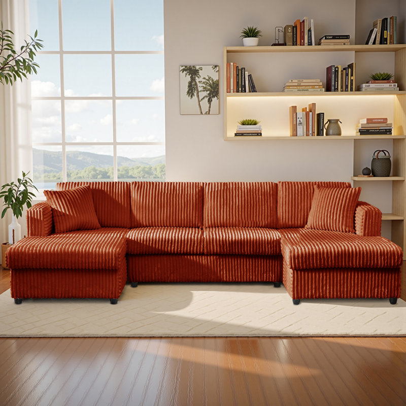 3-Piece Upholstered Corduroy Sofa, 123"W U-Shaped 4 Seater Sectional Sofa with Chaise Longue, Orange Corduroy