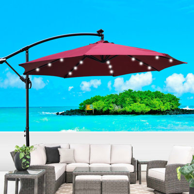 Parasol d'extérieur 10 pi avec panneau solaire - 8 nervures, imperméable, manivelle, base croisée pour la cour arrière, terrasse, piscine et patio