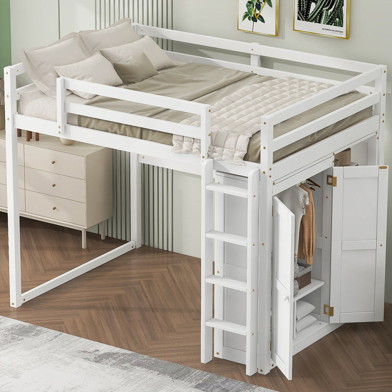 Lit mezzanine en bois avec garde-robe intégré et tablette avec rangement