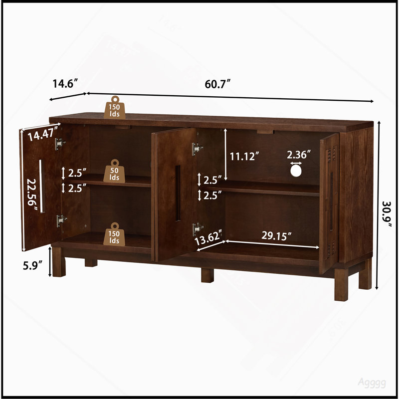 Buffet 60,7 po Mid Century Modern, Noyer, Noyer, Noyer