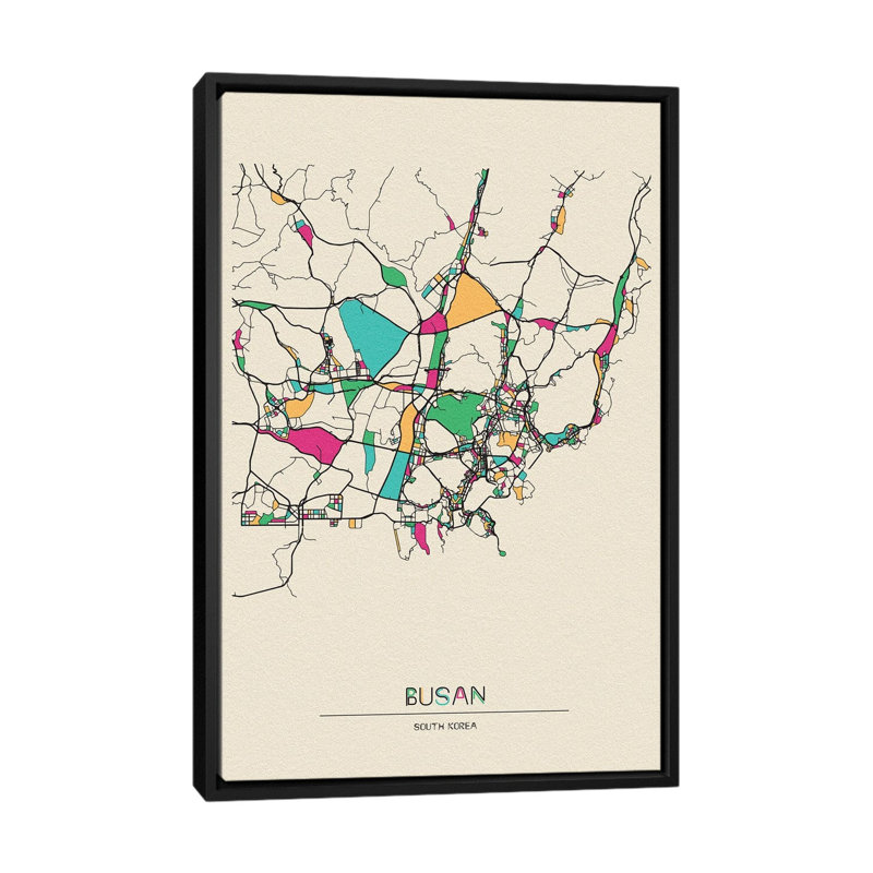 Busan, South Korea Map by Ayse Deniz Akerman - Floater Frame Print on Canvas, 101.6 cm H x 66.04 cm W, Black Floater Frame