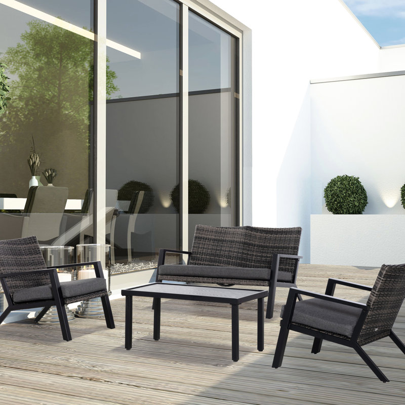 Ensemble de jardin 4 pièces comprenant 2 fauteuils et une table basse, sièges confortables pour la piscine, mobilier de patio noir idéal pour les réceptions dans le jardin.