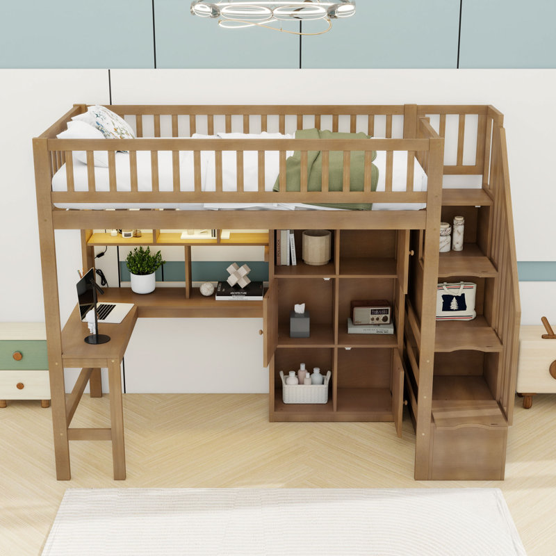 Lit mezzanine simple avec bureau, lumières DEL, tablettes de rangement et armoires, Noyer