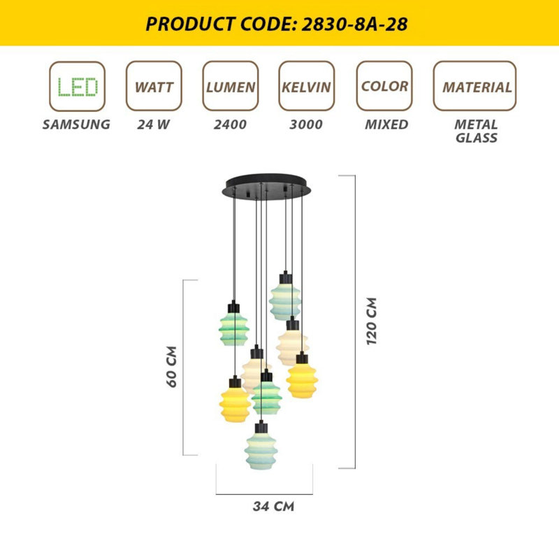 Elegant Metal Chandelier with Glass Cap, 13.4 in Diameter x 47.2 in Height | 8 x 2.8W LED, 3000K, 2400 Lumens | Modern Lighting Fixture for Dining Room, Living Room, & Entryway | Stylish & Energy Efficient Design