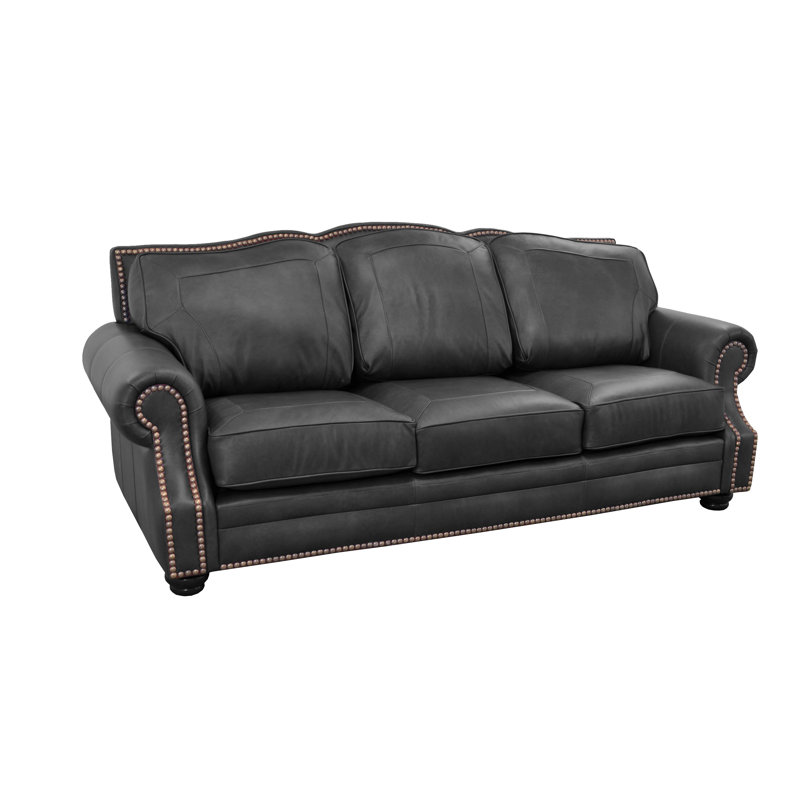 Stana 100" Wide Genuine Leather Sofa with Nailhead Trim, Berkshire Charcoal Genuine Leather