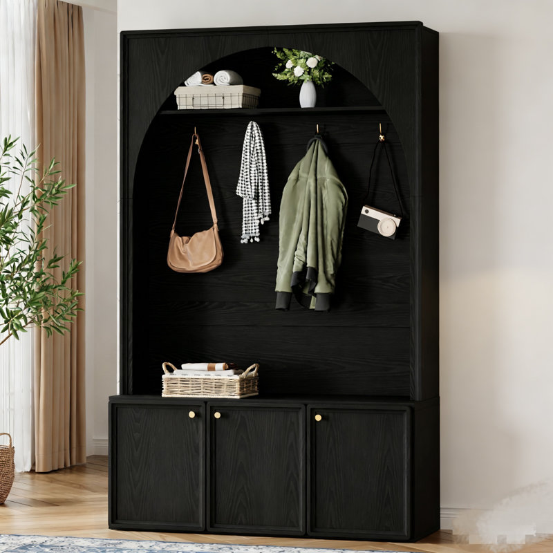 Farmhouse All-In-One Hall Tree With Adjustable Shelves, Arched Entryway Storage Bench With 3 Cabinets, Wooden Coat Rack Organizer With 4 Golden Hooks For Mudroo, Hallway, Black