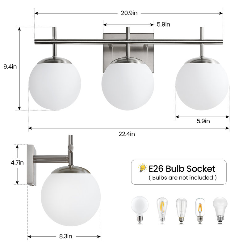 3-Light Dimmable Vanity Light For Bathroom Mirror Up/Down Mount With Glass Shape, Brushed Nickel