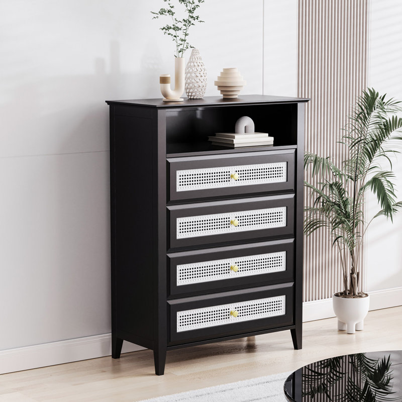 Commode décorative en rotin Adalise, style rétro, chambre en bois, ensemble ouvert, grande ouverture