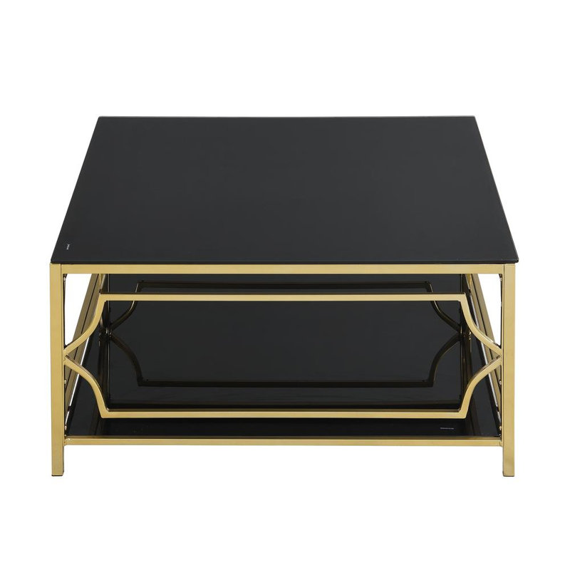 Square Glass Coffee Table With Metal Frame, Tempered Glass Top And Lower Shelf, Black
