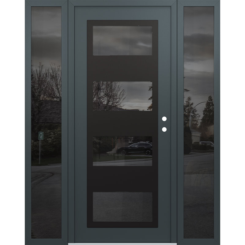 Panneau d'entrée en acier noir anthracite / anthracite avec 2 panneaux latéraux pré-suspendus, L 60 po x H 80 po, Miroitant