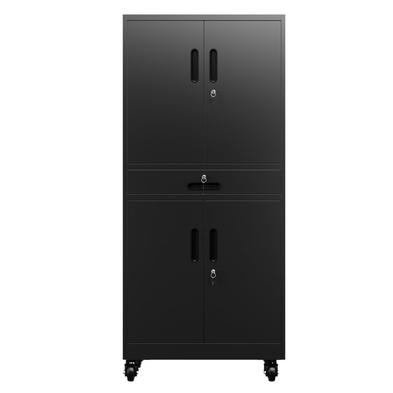 71" H Metal Garage Storage Cabinet with Integrated Drawer, Powder Coated Steel Utility Locker in Black