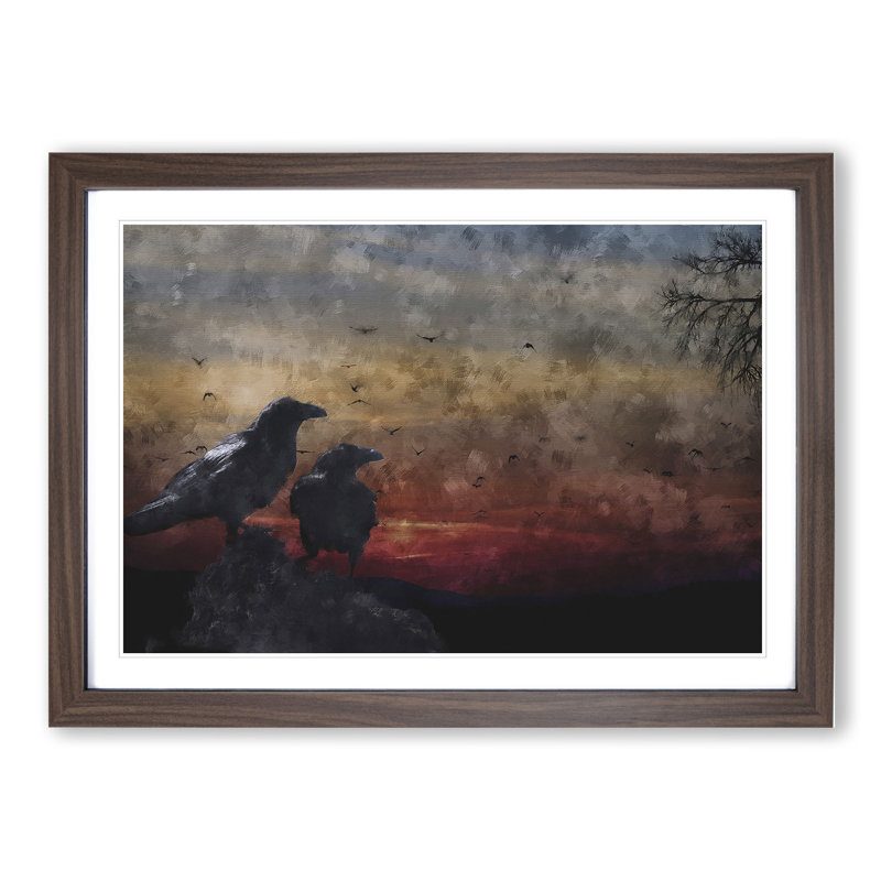 Crows at Sunset - Picture Frame Painting, 48cm H x 65cm W x 2cm D, Walnut Framed