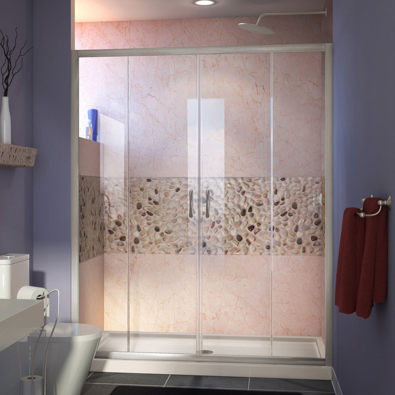 Visions 60" W x 74.75" H Semi-Frameless Shower Enclosure, Center, Brushed Nickel/Biscuit