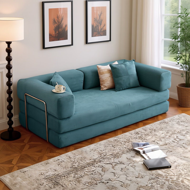 78.8-Inch Upholstered Double Sofa Bed, Modular Sofa Bed, Includes 2 Throw Pillows, Foldable Sofa, Blue
