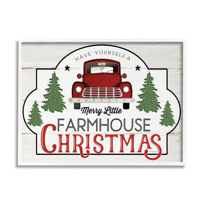 «Merry Little Farmhouse Christmas», camion rouge, forêt, par Jennifer Pugh - Art textuel