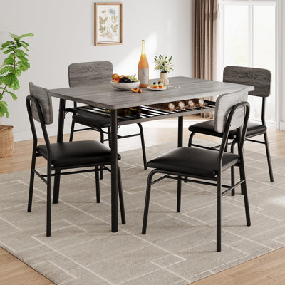 Ensemble de table de salle à manger pour 4 personnes avec support de rangement, table de cuisine 5 pièces et chaises rembourrées de 4, plateau de table en bois et structure en métal robuste, ensemble de salle à manger pour petit espace, appartement, gris