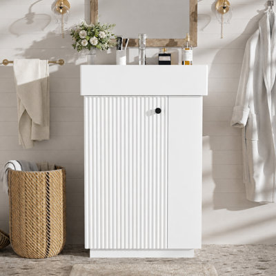 Meuble-lavabo de 21,6 po avec lavabo en céramique, armoire moderne autoportante avec porte à charnière à gauche, rangement ouvert et fermé pour les petites salles de bain