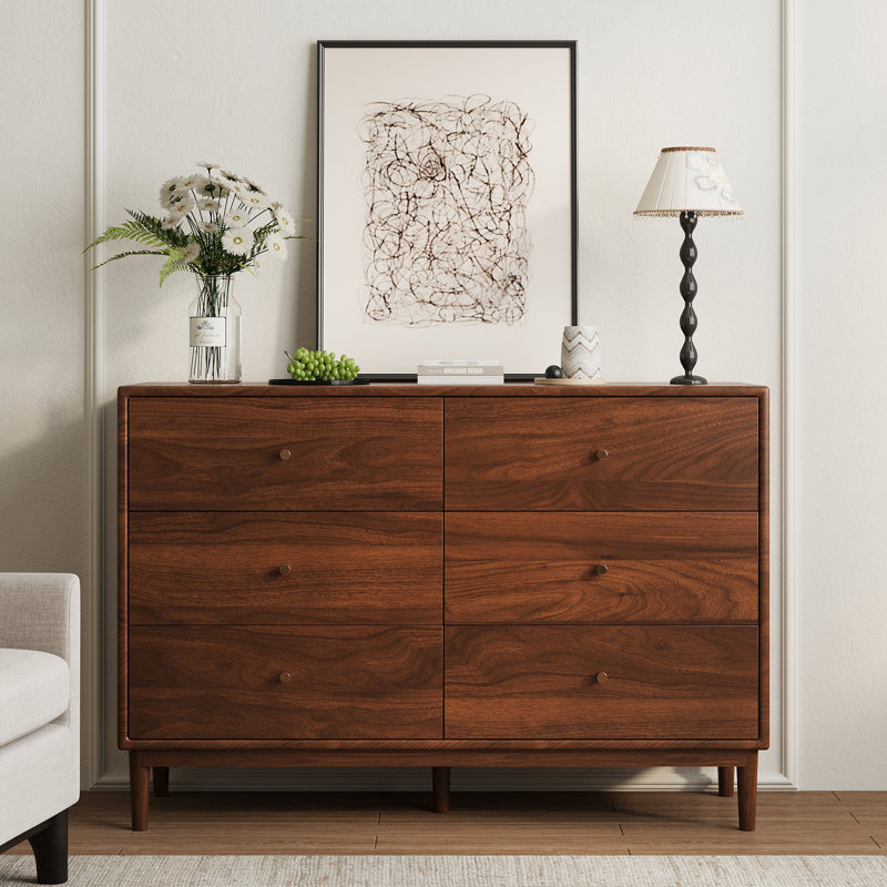 Commode 6 tiroirs 43 po pour chambre, Noyer