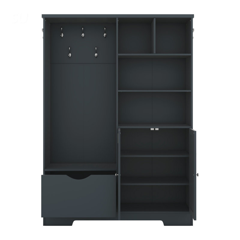 Multi-Functional Hall Tree with Shoe Storage Cabinet, Drawers, Shelves and Bench, Modern Coat Rack with Hooks for Entryway, Hallway, Mudroom, Foyer Organizer