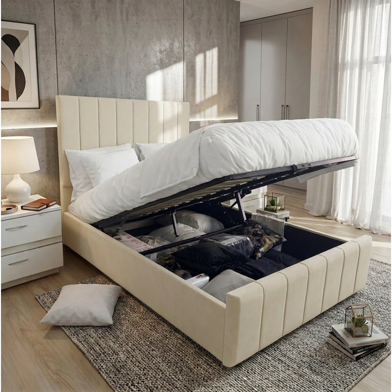 Upholstered Ottoman Storage Bed with Lift-Up Design, Beige, Double (4'6)