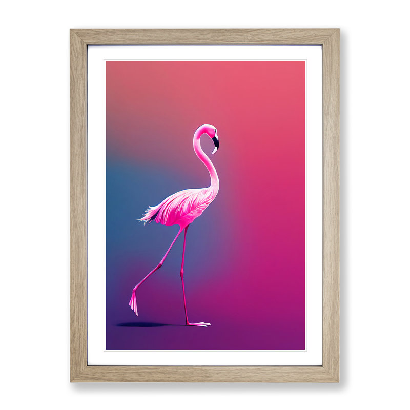 Strolling Flamingo - Single Picture Frame Print, 34cm H x 25cm W x 2cm D, Oak