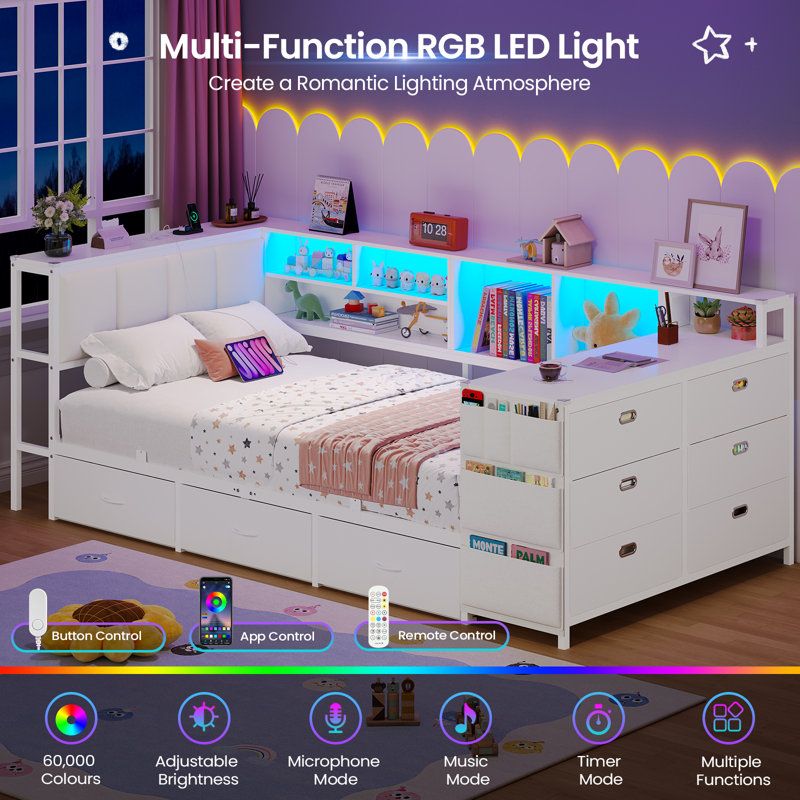 Single Bed Frame with Storage, 9 Drawers, LED Lights and Charging Station, Single Beds with Study Desk & Upholstered Headboard, Reversible Corner Bed Frame, 2 AC Sockets, 2 USB Ports