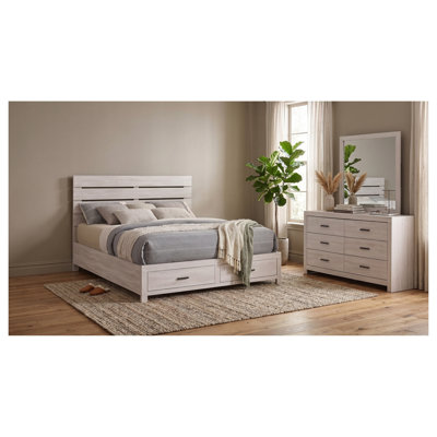 Ensemble de chambre à coucher Kingsley Coastal blanc, format King, 3 pièces, avec lit de rangement, commode et miroir.