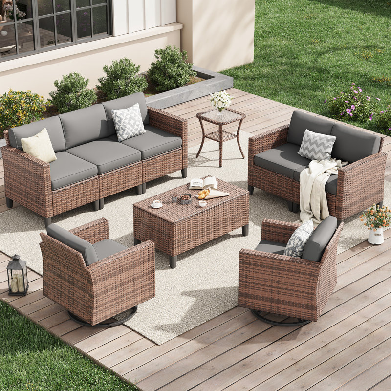 Ensemble de conversation modulaire en rotin 8 pièces avec coussins 8 pièces, Gris