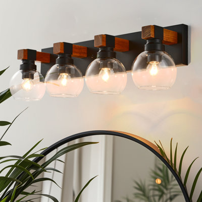 Applique murale en métal noir et bois à 4 lumières avec abat-jour en verre Farmhouse
