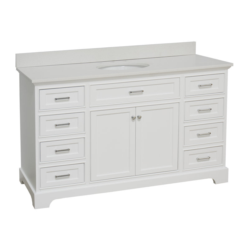 Ensemble simple meuble-lavabo Meriline 60 po avec armoire blanche et comptoir en quartz, Blanc, Quartz