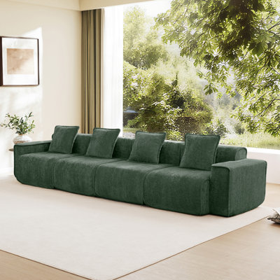 Streamlined Design Deep Seat Modular 4 Seat Boneless Sofa With French Edge Piping,No Assembly Required, Modern Modular 4 - Seat Sofa Couch With Throw Pillows,Velvet Fabric Green