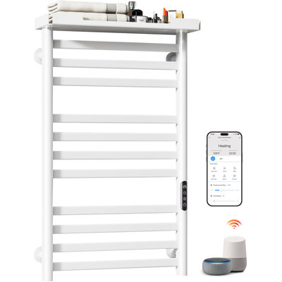 ENZE Smart Heated Towel Rack, 11-Bar Wall-Mounted Electric Towel Warmer 290W with Shelf, Wi-Fi App Control & LED Touch Screen, Adjustable Temperature & 24H Timer, IPX5, Plug-in/Hardwired, White