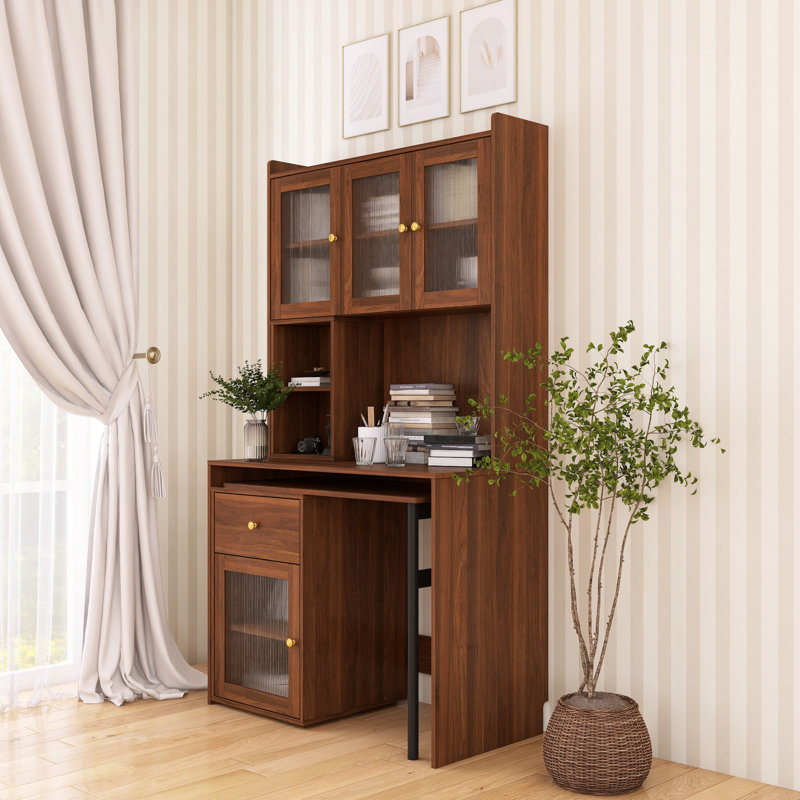 Antheris Modern Computer Desk Set with Glass Doors, Walnut