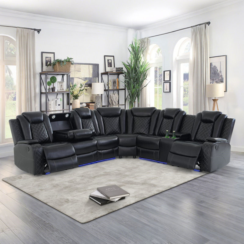 210"Power Recliner Sectional Sofa Set, With Led Lights, Cup Holder, Pull-Down Table, Black Faux Leather
