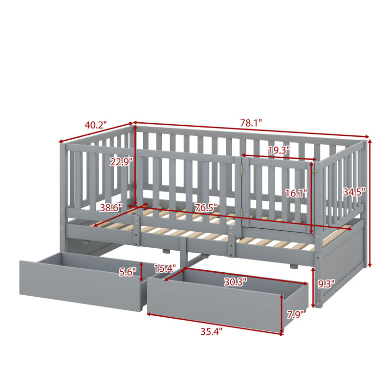 Wooden Daybed Featuring Fence-Style Guardrails And Two Built-In Drawers, Grey, Twin