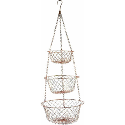 3-Tier Copper Kitchen Hanging Fruit Baskets, 32 Inches