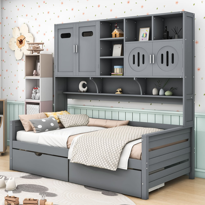 Wooden Daybed with Two Drawers, Shelves and All-in-One Cabinet, Gray, Twin