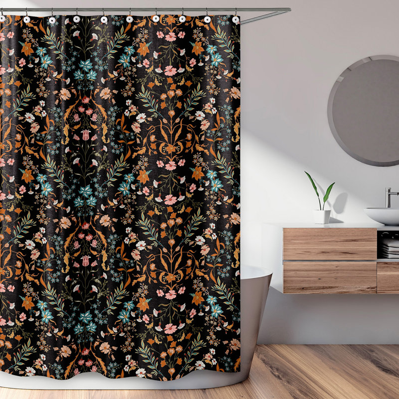 Boho Black and Orange Floral Fabric Shower Curtain 72x72