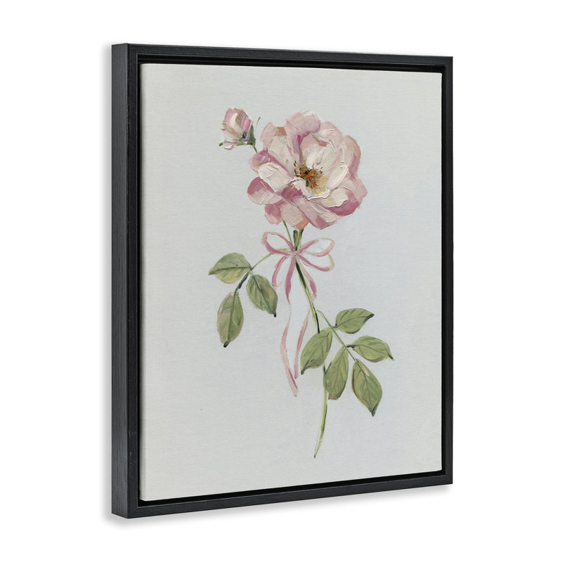 Zinnia rose avec ruban, Cadre flottant noir de jais, H 21 po x l 17 po