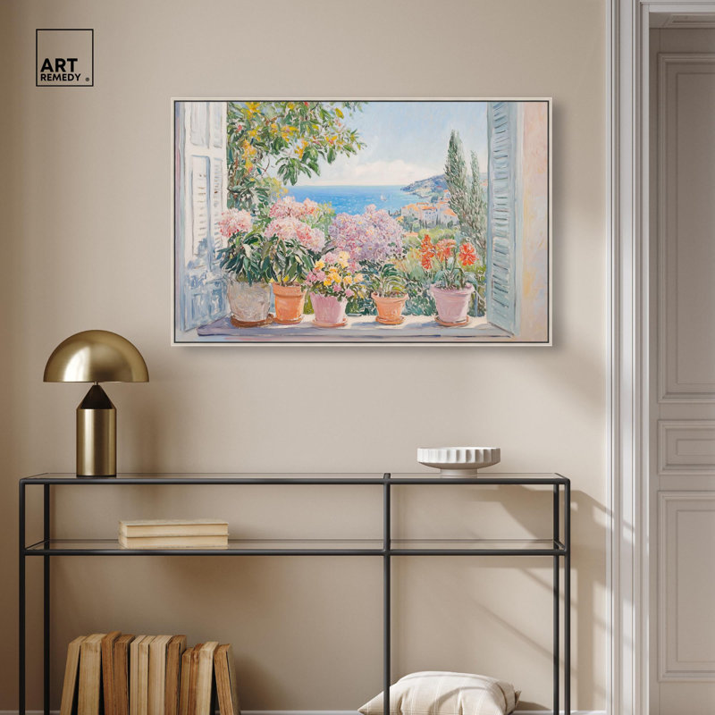 Fleurs méditerranéennes par Art Remedy, H 37 po x l 55 po, Cadre flottant, Argent argent