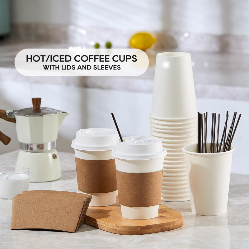 Paquet de 100 tasses à café en papier 12 oz, tasse à café en papier jetable avec couvercles, manchons pour les magasins et les cafés