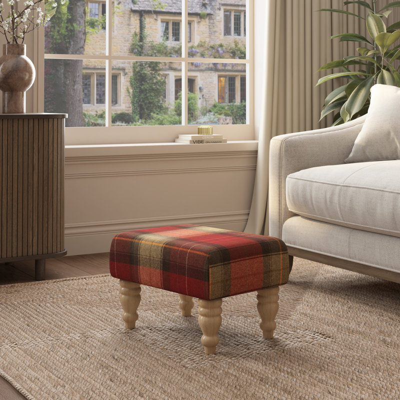 Tartan Material Large Footstools Tartan - Claret Red - Wood Turned Leg, Natural