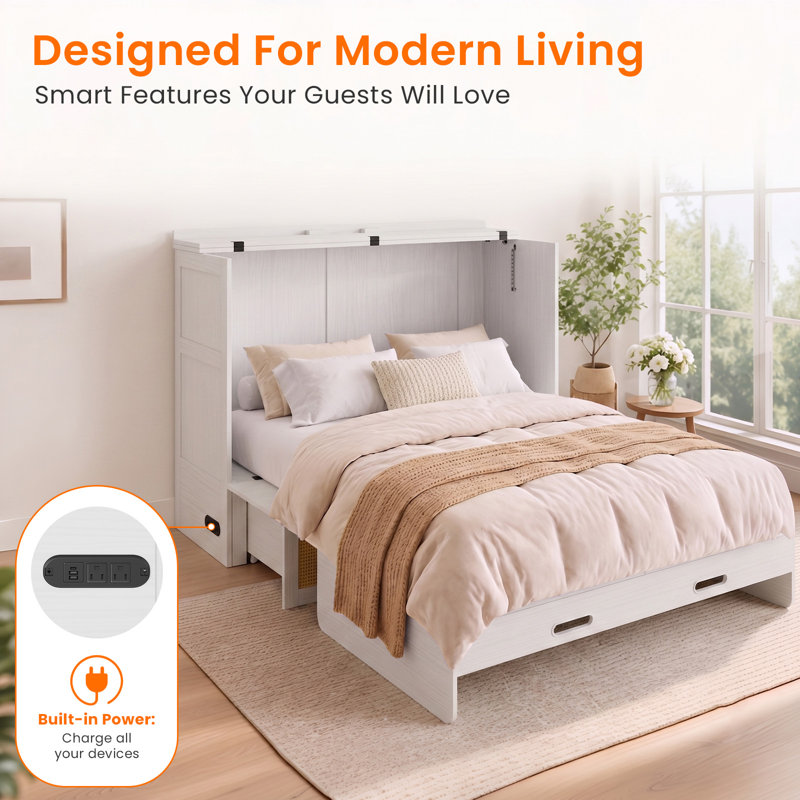 Lit escamotable en rotin avec tiroirs de rangement, station de charge et matelas, blanc, Blanc